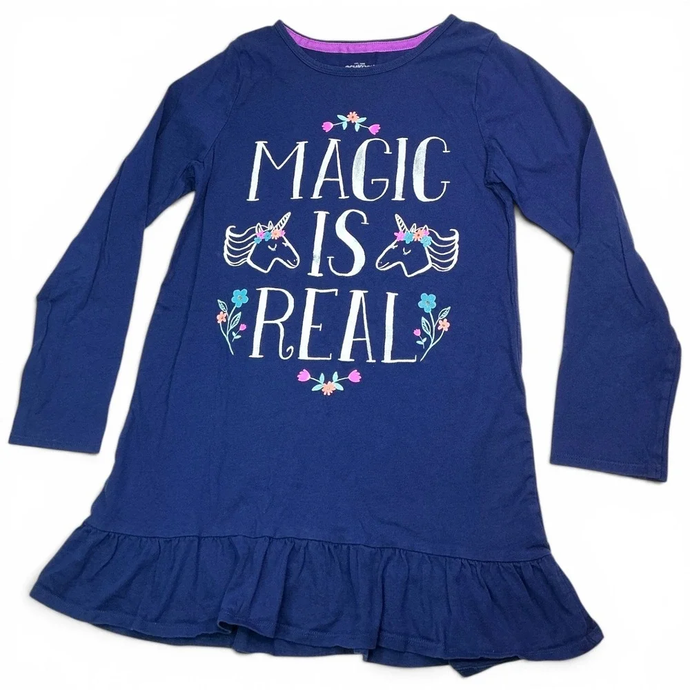OshKosh Blue Magic Is Real Dress Kids Size 12 Unicorn Ruffle Long Sleeve Cotton